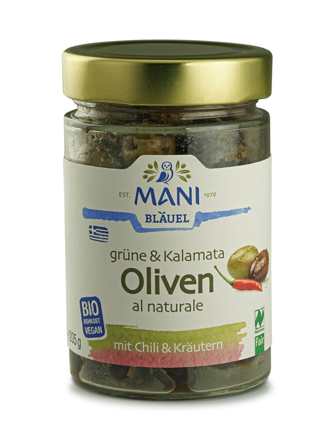 bio Grüne & Kalamata Oliven mit Chili & Kräutern  205g